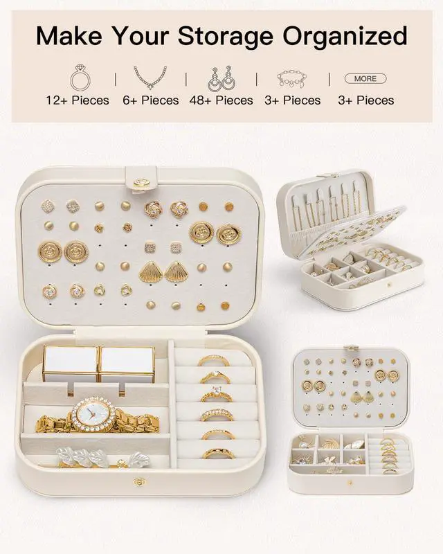 Alt view image 6 of 7 - Travel Jewelry Case for Women Girls, Gifts for Mother, PU Leather Small Jewelry Box for Rings, Necklaces, Bracelets, Earring Holder Organizer Storage for Travel Essentials - Beige