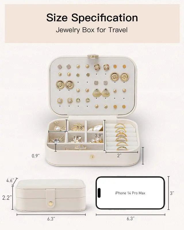 Alt view image 7 of 7 - Travel Jewelry Case for Women Girls, Gifts for Mother, PU Leather Small Jewelry Box for Rings, Necklaces, Bracelets, Earring Holder Organizer Storage for Travel Essentials - Beige