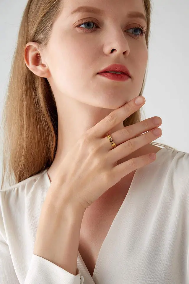 Alt view image 5 of 6 - Love Friendship Ring 18K Gold-Plated Stainless Steel Promise Ring Wedding Band Jewelry Birthday Gifts for Women