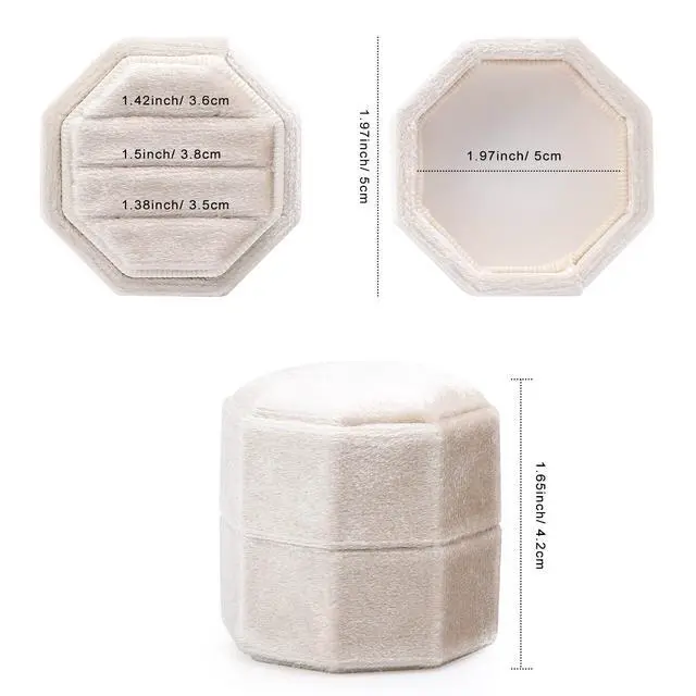 Alt view image 4 of 7 - Velvet Ring Box, 3 Slots Jewelry Ring Gift Box Vintage Ring Display Holder Case for Wedding Ceremony Proposal Engagement (Beige)