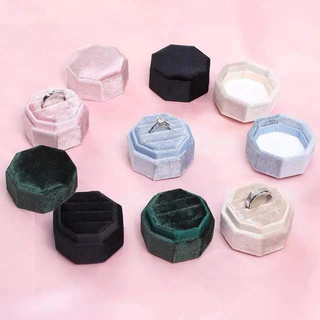 Alt view image 6 of 7 - Velvet Ring Box, 3 Slots Jewelry Ring Gift Box Vintage Ring Display Holder Case for Wedding Ceremony Proposal Engagement (Beige)