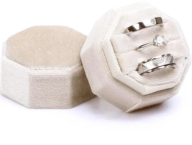 Main image of Velvet Ring Box, 3 Slots Jewelry Ring Gift Box Vintage Ring Display Holder Case for Wedding Ceremony Proposal Engagement (Beige)