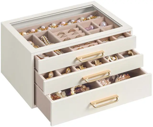 Main image of 3-Layer Jewelry Box with Glass Window, Jewelry Storage Organizer with 3 Drawers, Golden Handles, for Rings, Earrings, Bracelets, Gift Idea, Cream White, 6.3 x 9.4 x 4.9 Inches UJBC206WD02S