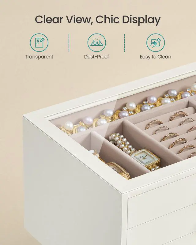 Alt view image 3 of 7 - 3-Layer Jewelry Box with Glass Window, Jewelry Storage Organizer with 3 Drawers, Golden Handles, for Rings, Earrings, Bracelets, Gift Idea, Cream White, 6.3 x 9.4 x 4.9 Inches UJBC206WD02S