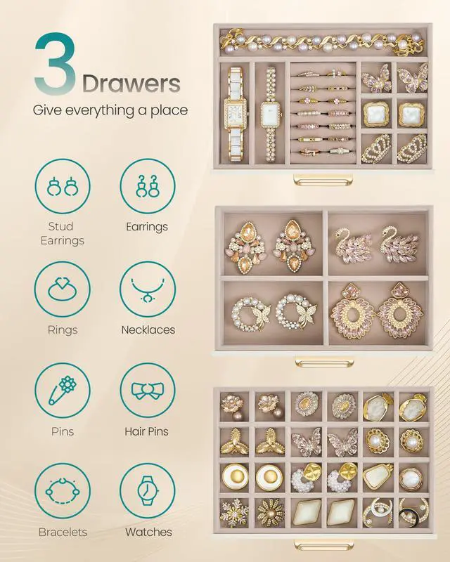 Alt view image 4 of 7 - 3-Layer Jewelry Box with Glass Window, Jewelry Storage Organizer with 3 Drawers, Golden Handles, for Rings, Earrings, Bracelets, Gift Idea, Cream White, 6.3 x 9.4 x 4.9 Inches UJBC206WD02S