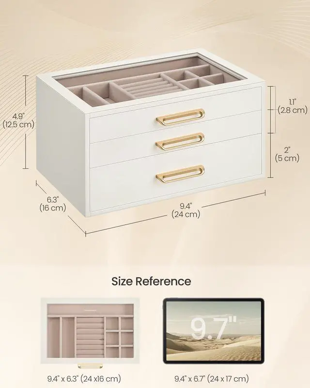 Alt view image 5 of 7 - 3-Layer Jewelry Box with Glass Window, Jewelry Storage Organizer with 3 Drawers, Golden Handles, for Rings, Earrings, Bracelets, Gift Idea, Cream White, 6.3 x 9.4 x 4.9 Inches UJBC206WD02S