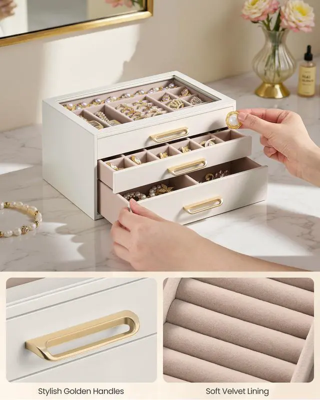 Alt view image 6 of 7 - 3-Layer Jewelry Box with Glass Window, Jewelry Storage Organizer with 3 Drawers, Golden Handles, for Rings, Earrings, Bracelets, Gift Idea, Cream White, 6.3 x 9.4 x 4.9 Inches UJBC206WD02S