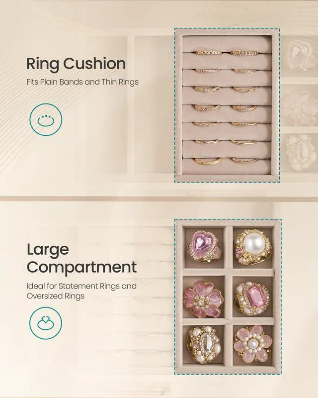 Alt view image 7 of 7 - 3-Layer Jewelry Box with Glass Window, Jewelry Storage Organizer with 3 Drawers, Golden Handles, for Rings, Earrings, Bracelets, Gift Idea, Cream White, 6.3 x 9.4 x 4.9 Inches UJBC206WD02S