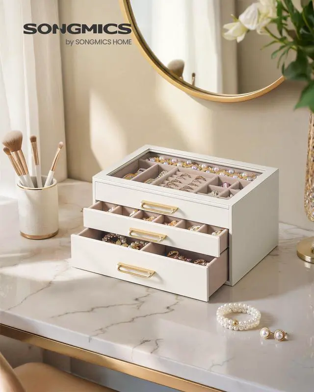 Alt view image 2 of 7 - 3-Layer Jewelry Box with Glass Window, Jewelry Storage Organizer with 3 Drawers, Golden Handles, for Rings, Earrings, Bracelets, Gift Idea, Cream White, 6.3 x 9.4 x 4.9 Inches UJBC206WD02S