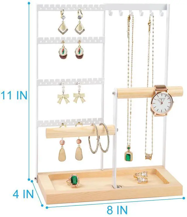 Alt view image 4 of 6 - Jewelry Organizer Stand, Jewelry Holder, 4 Tier Earring Holder with 48 Holes and 6 Hooks Necklace Organizer Wood Box for Necklace Bracelet Earring Ring, White