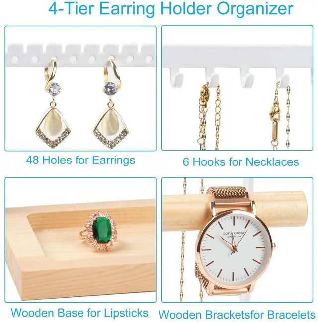 Alt view image 5 of 6 - Jewelry Organizer Stand, Jewelry Holder, 4 Tier Earring Holder with 48 Holes and 6 Hooks Necklace Organizer Wood Box for Necklace Bracelet Earring Ring, White
