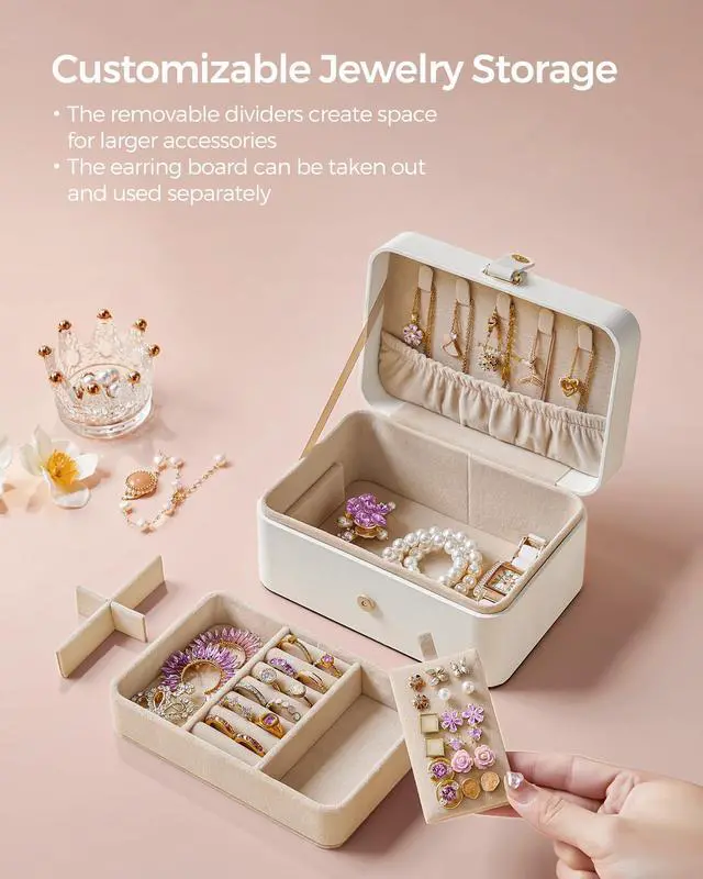 Alt view image 5 of 7 - GISELLA Collection - Travel Jewelry Organizer, 2-Layer Jewelry Case Holder with Shiny Metal Hardware, Portable, Premium Velvet, for Earrings Necklaces, Cloud White UJBC166W01