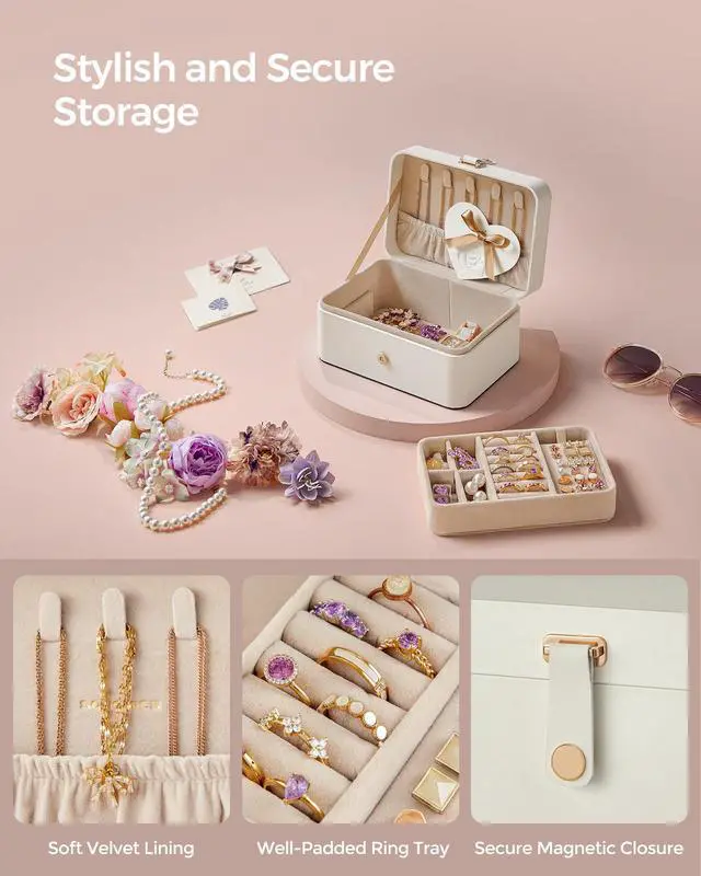 Alt view image 6 of 7 - GISELLA Collection - Travel Jewelry Organizer, 2-Layer Jewelry Case Holder with Shiny Metal Hardware, Portable, Premium Velvet, for Earrings Necklaces, Cloud White UJBC166W01
