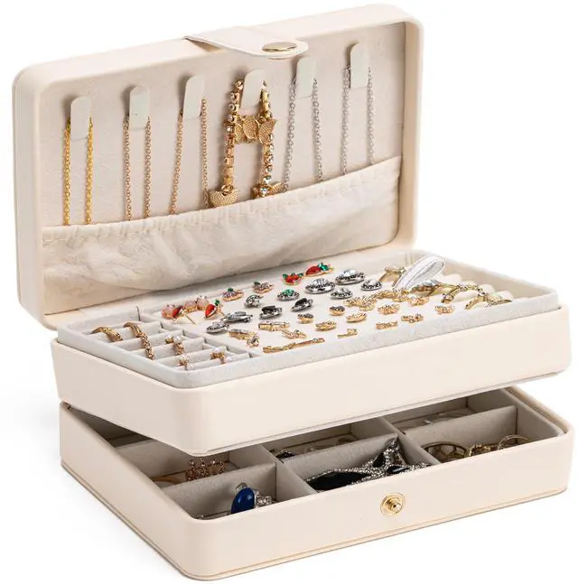 Main image of Jewelry Organizer Box, 2-Layer Large Jewelry Storage Case, Portable Travel Jewelrys Display Holder for Earrings, Necklaces, Bracelets (Beige, PU Leather)