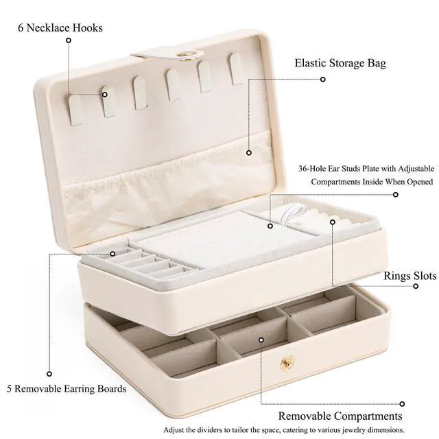 Alt view image 3 of 7 - Jewelry Organizer Box, 2-Layer Large Jewelry Storage Case, Portable Travel Jewelrys Display Holder for Earrings, Necklaces, Bracelets (Beige, PU Leather)