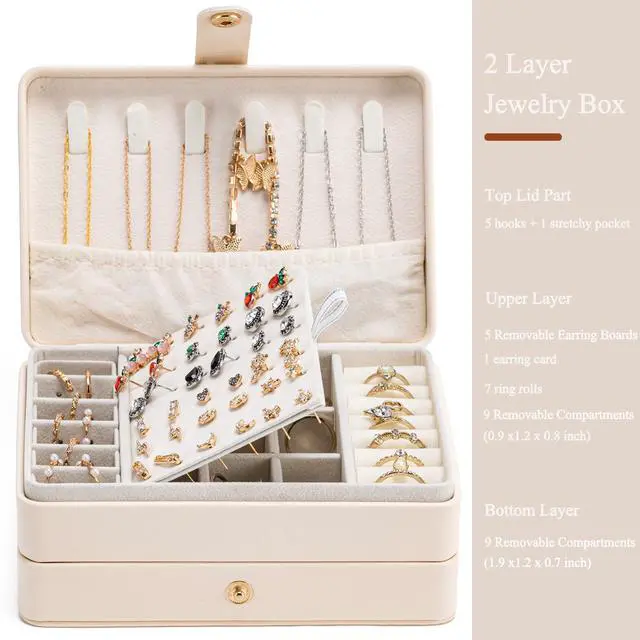 Alt view image 2 of 7 - Jewelry Organizer Box, 2-Layer Large Jewelry Storage Case, Portable Travel Jewelrys Display Holder for Earrings, Necklaces, Bracelets (Beige, PU Leather)