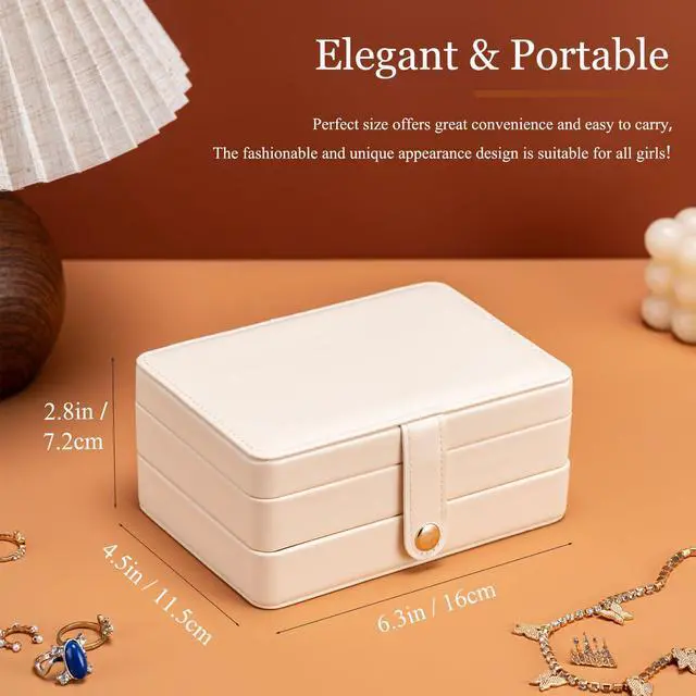 Alt view image 4 of 7 - Jewelry Organizer Box, 2-Layer Large Jewelry Storage Case, Portable Travel Jewelrys Display Holder for Earrings, Necklaces, Bracelets (Beige, PU Leather)