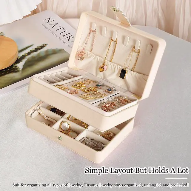 Alt view image 5 of 7 - Jewelry Organizer Box, 2-Layer Large Jewelry Storage Case, Portable Travel Jewelrys Display Holder for Earrings, Necklaces, Bracelets (Beige, PU Leather)