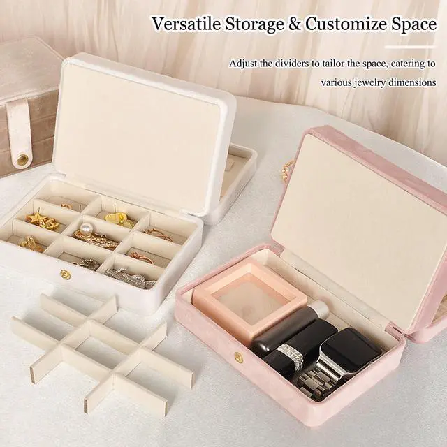 Alt view image 6 of 7 - Jewelry Organizer Box, 2-Layer Large Jewelry Storage Case, Portable Travel Jewelrys Display Holder for Earrings, Necklaces, Bracelets (Beige, PU Leather)