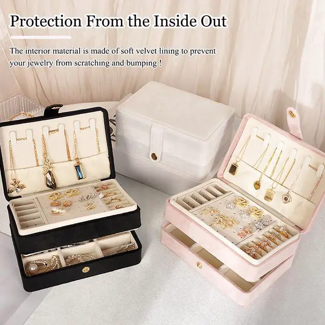 Alt view image 7 of 7 - Jewelry Organizer Box, 2-Layer Large Jewelry Storage Case, Portable Travel Jewelrys Display Holder for Earrings, Necklaces, Bracelets (Beige, PU Leather)