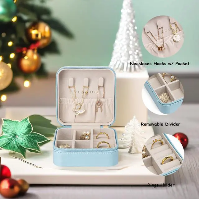 Alt view image 3 of 7 - Small Travel Jewelry Box Organizer Display Case for Girls Women Gift Rings Earrings Necklaces Storage, Blue