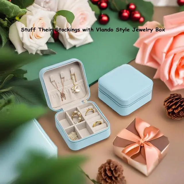 Alt view image 5 of 7 - Small Travel Jewelry Box Organizer Display Case for Girls Women Gift Rings Earrings Necklaces Storage, Blue