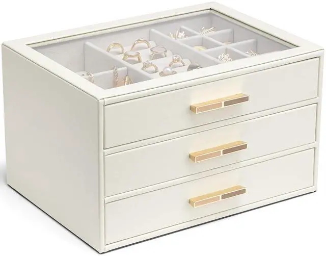 Main image of Jewelry Box for Women, Glass Lid Jewelry Organizer with 3 Drawers for Necklaces Rings Earrings Bracelets Mother Day Gift for Mom - Cloud White