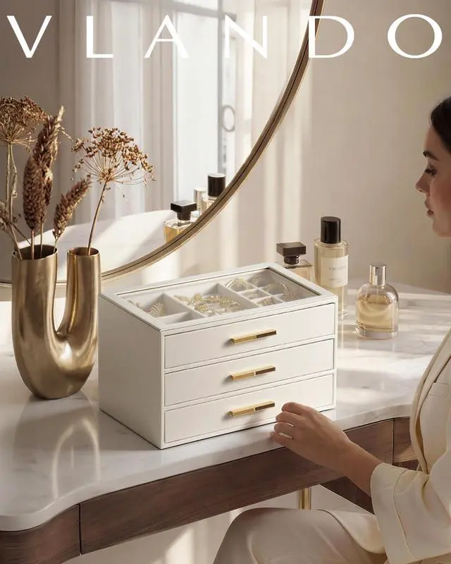 Alt view image 2 of 6 - Jewelry Box for Women, Glass Lid Jewelry Organizer with 3 Drawers for Necklaces Rings Earrings Bracelets Mother Day Gift for Mom - Cloud White
