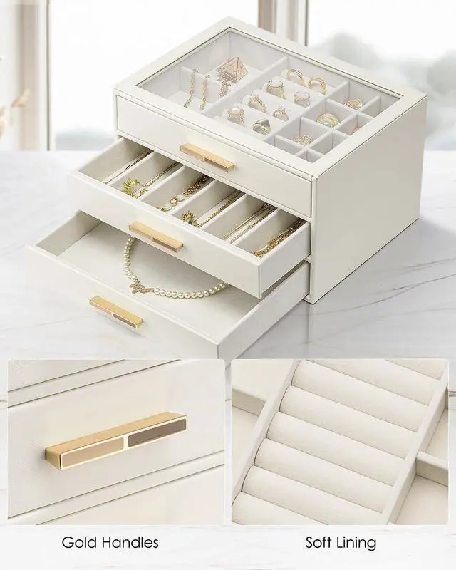 Alt view image 3 of 6 - Jewelry Box for Women, Glass Lid Jewelry Organizer with 3 Drawers for Necklaces Rings Earrings Bracelets Mother Day Gift for Mom - Cloud White