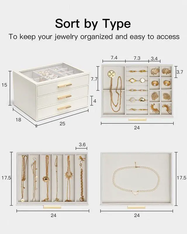 Alt view image 5 of 6 - Jewelry Box for Women, Glass Lid Jewelry Organizer with 3 Drawers for Necklaces Rings Earrings Bracelets Mother Day Gift for Mom - Cloud White