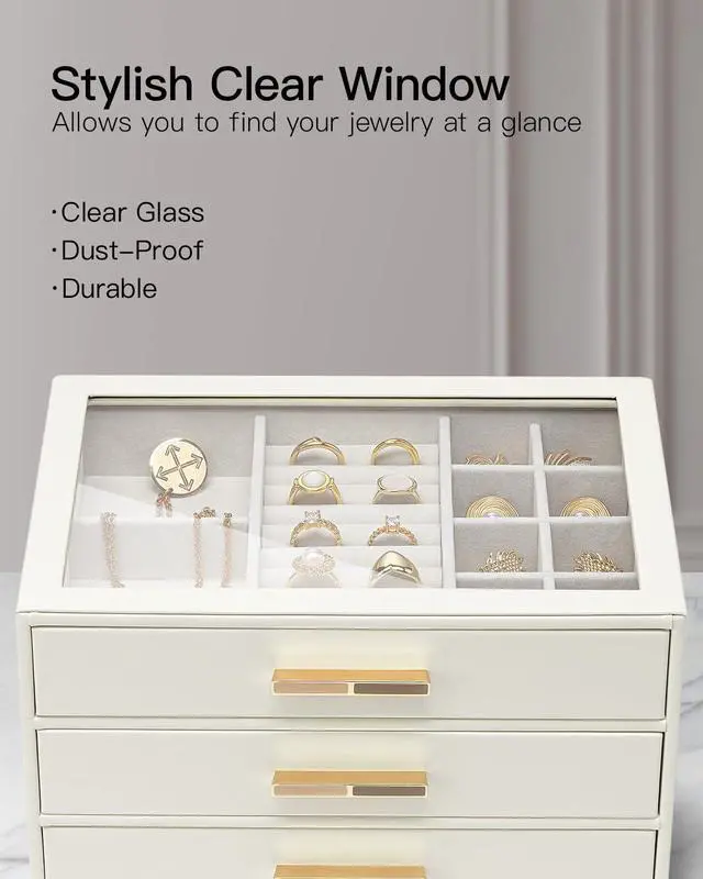 Alt view image 6 of 6 - Jewelry Box for Women, Glass Lid Jewelry Organizer with 3 Drawers for Necklaces Rings Earrings Bracelets Mother Day Gift for Mom - Cloud White