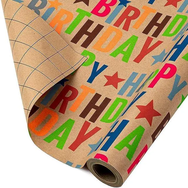 Alt view image 2 of 6 - Kraft Wrapping Paper Roll Colorful Text Happy Birthday Design Perfect for Birthday Holiday Wrap 17 inch X 33 feet