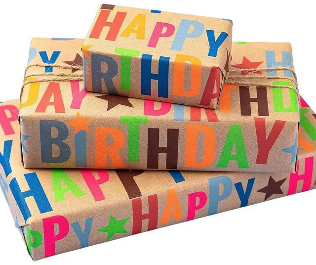 Main image of Kraft Wrapping Paper Roll Colorful Text Happy Birthday Design Perfect for Birthday Holiday Wrap 17 inch X 33 feet