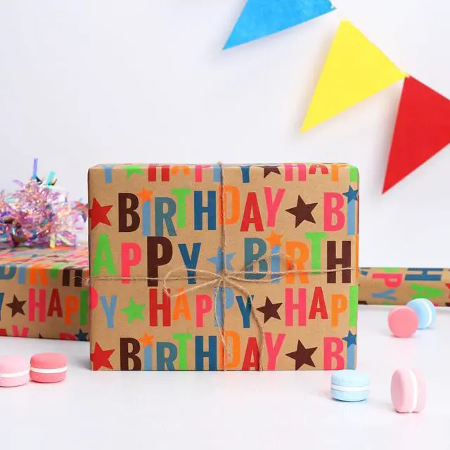 Alt view image 4 of 6 - Kraft Wrapping Paper Roll Colorful Text Happy Birthday Design Perfect for Birthday Holiday Wrap 17 inch X 33 feet