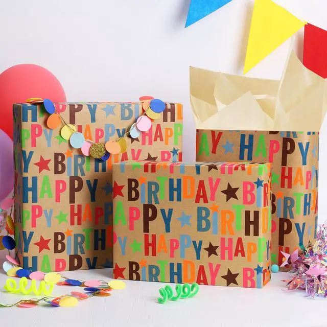 Alt view image 5 of 6 - Kraft Wrapping Paper Roll Colorful Text Happy Birthday Design Perfect for Birthday Holiday Wrap 17 inch X 33 feet