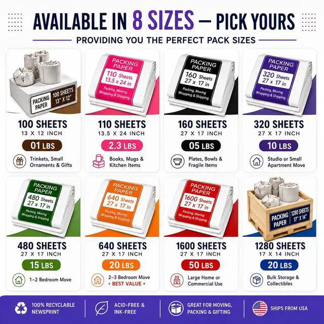 Alt view image 2 of 7 - 13 * 12 inch 100 Small Sheets White Packing Paper Sheets for Moving Supplies, Protecting Fragile China and Glasses,Small Wrapping Paper for Shipping and Moving Box Filler.