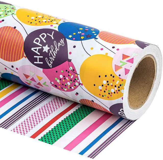 Main image of Reversible Birthday Wrapping Paper - Mini Roll - 17 Inch X 33 Feet - Colorful Balloon with Confetti Design for Birthday, Holiday, Party, Baby Shower