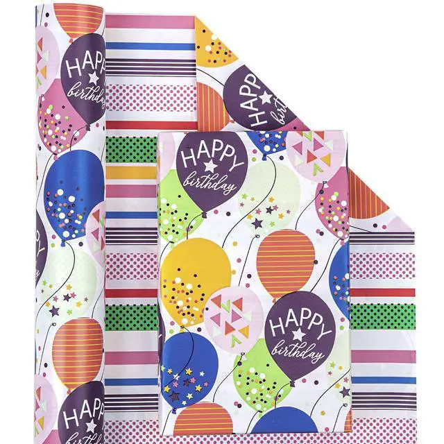 Alt view image 2 of 6 - Reversible Birthday Wrapping Paper - Mini Roll - 17 Inch X 33 Feet - Colorful Balloon with Confetti Design for Birthday, Holiday, Party, Baby Shower