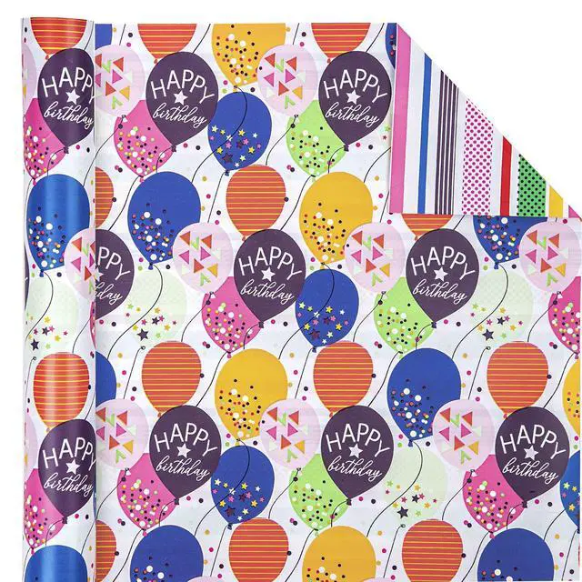 Alt view image 3 of 6 - Reversible Birthday Wrapping Paper - Mini Roll - 17 Inch X 33 Feet - Colorful Balloon with Confetti Design for Birthday, Holiday, Party, Baby Shower