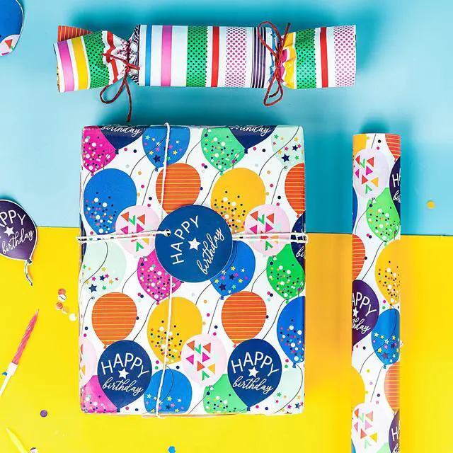 Alt view image 6 of 6 - Reversible Birthday Wrapping Paper - Mini Roll - 17 Inch X 33 Feet - Colorful Balloon with Confetti Design for Birthday, Holiday, Party, Baby Shower
