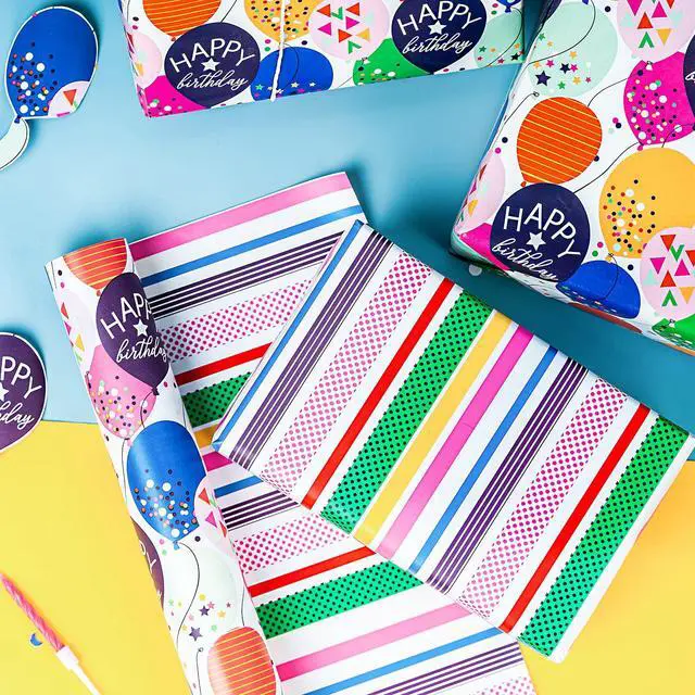 Alt view image 4 of 6 - Reversible Birthday Wrapping Paper - Mini Roll - 17 Inch X 33 Feet - Colorful Balloon with Confetti Design for Birthday, Holiday, Party, Baby Shower
