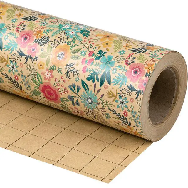 Alt view image 2 of 6 - Kraft Floral Wrapping Paper Roll - Mini Roll - 17 Inch x 9.8 Feet - Spring Summer Garden Flower Design Perfect for Wedding, Bridal Shower, Birthday