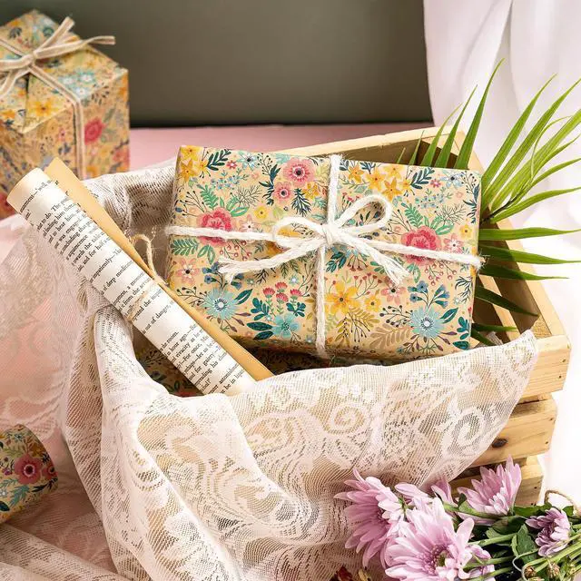 Alt view image 4 of 6 - Kraft Floral Wrapping Paper Roll - Mini Roll - 17 Inch x 9.8 Feet - Spring Summer Garden Flower Design Perfect for Wedding, Bridal Shower, Birthday