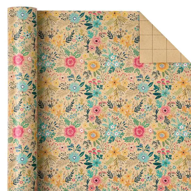 Alt view image 3 of 6 - Kraft Floral Wrapping Paper Roll - Mini Roll - 17 Inch x 9.8 Feet - Spring Summer Garden Flower Design Perfect for Wedding, Bridal Shower, Birthday