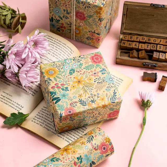 Alt view image 6 of 6 - Kraft Floral Wrapping Paper Roll - Mini Roll - 17 Inch x 9.8 Feet - Spring Summer Garden Flower Design Perfect for Wedding, Bridal Shower, Birthday