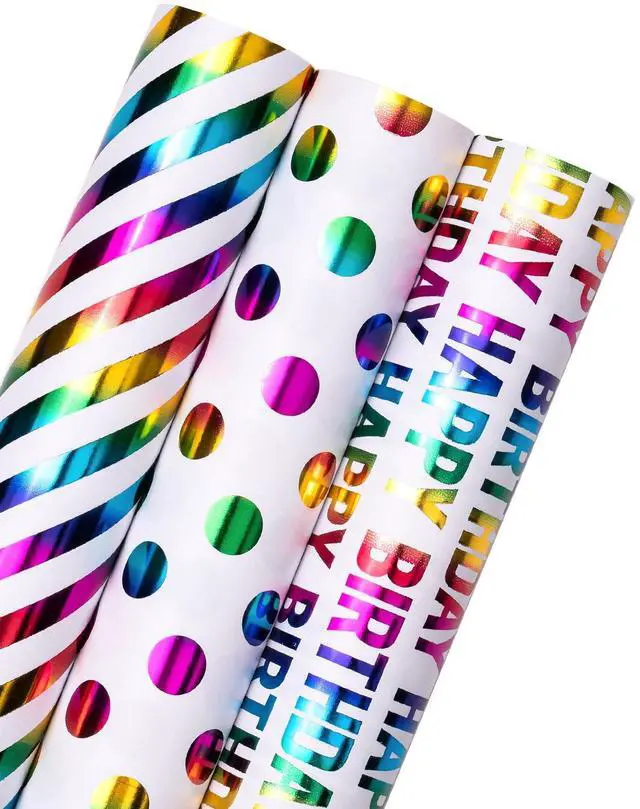 Main image of Birthday Wrapping Paper Roll - Mini Roll - 3 Rolls - 17 inch x 120 inch Per roll - Colorful Foil Birthday Design for Party, Holiday, Baby Shower