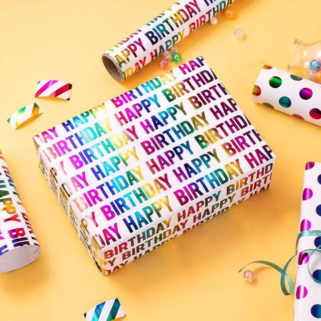 Alt view image 6 of 7 - Birthday Wrapping Paper Roll - Mini Roll - 3 Rolls - 17 inch x 120 inch Per roll - Colorful Foil Birthday Design for Party, Holiday, Baby Shower