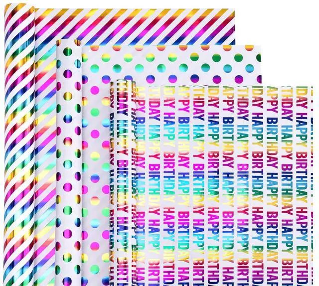 Alt view image 2 of 7 - Birthday Wrapping Paper Roll - Mini Roll - 3 Rolls - 17 inch x 120 inch Per roll - Colorful Foil Birthday Design for Party, Holiday, Baby Shower
