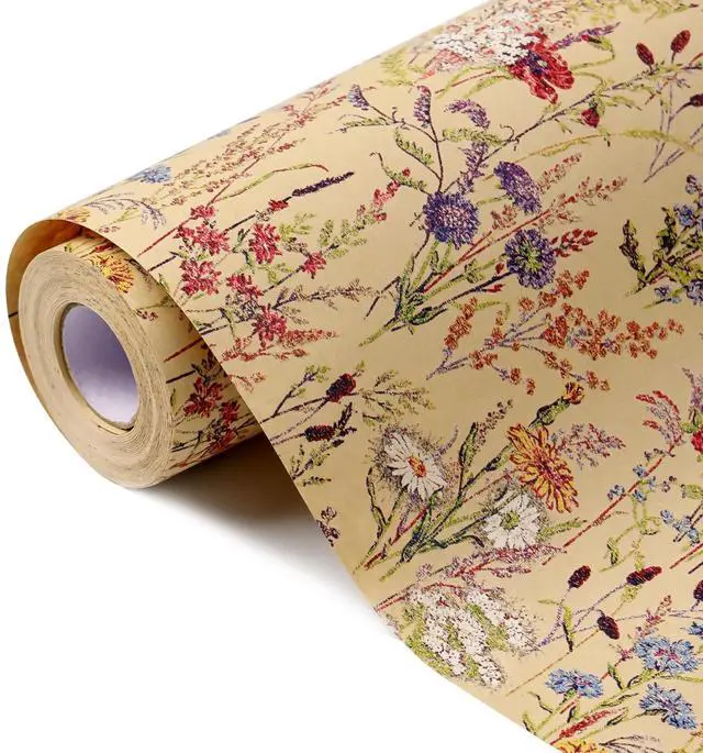 Main image of Wild Flower Wrapping Paper Roll, 17 Inches x 32.8 Feet Kraft Floral Design Wrapping Paper for Women Girls Gifts, Birthdays, Weddings, Bridal Shower and Engagement