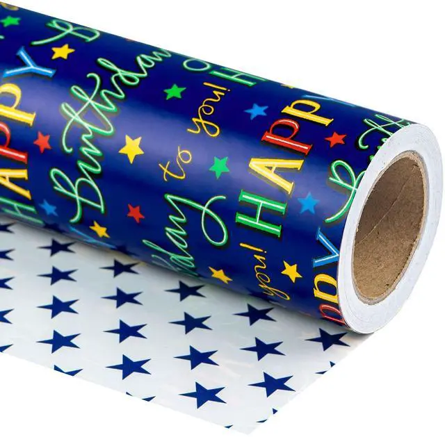 Main image of Reversible Birthday Wrapping Paper - Mini Roll - 17 Inch X 33 Feet - Blue Star Happy Birthday Wrapping Paper for Men, Adult, Boy, Baby Shower, Holiday